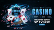 Online casino, blue invitation banner with button, smartphone, casino slot machine, Casino Roulette, cards and poker chips in dark scene with neon rhombus frames and hologram of digital rings