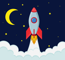 Rocket Ship In A Flat Style.Vector Illustration With 3d Flying Rocket.Space Travel To The Moon.Space Rocket Launch.Project Start Up And Development Process.Innovation Product,creative Idea.Management.