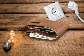 Canvas Print - Electric power supply concept. Power cords cable plugged in open wallet placed. Payment of electricity and heating bills.