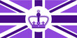 British flag in purple with emblem for 70 anniversary Queen on throne in UK. Poster with platinum jubilee symbol. Purple banner template or card