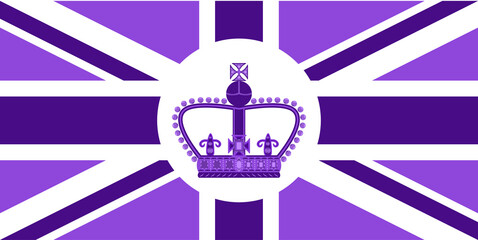 british flag in purple with emblem for 70 anniversary queen on throne in uk. poster with platinum ju