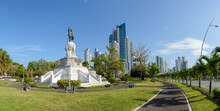 Statue Of Vasco Núñez De Balboa Spanish Conquistador The First To Cross The Isthmus Of Panama On Balboa Avenue In Panama City Panama