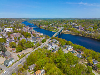 Memorial Bridge aerial view over Kennebec River in historic downtown of Augusta, Maine ME, USA. 