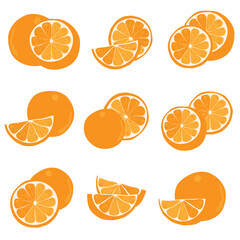 Set of ripe oranges isolated. A set of orange, whole and cut. Colored cartoon orange isolated objects on a white.