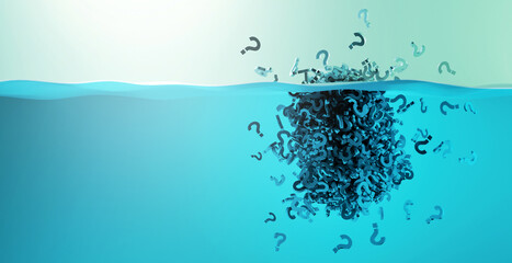 Fototapete - Floating iceberg made by infinite question marks; question and doubt concepts. Original 3d rendering