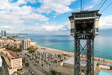 Spain, Catalonia, Barcelona, Cable Car Tower Station By La Barceloneta Beach