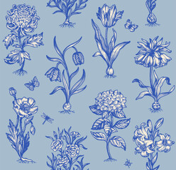 Botanical victorian seamless pattern for wrapping paper, textile and wallpaper. Engraved vintage style. Vector illustration.