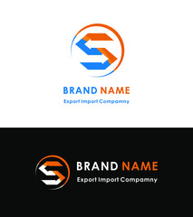 Importing and exporting company brand logo including a letter s and two arrows as the import and export with circle as the global and international business