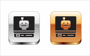 Poster - Black Robot icon isolated on white background. Artificial intelligence, machine learning, cloud computing. Silver-gold square button. Vector