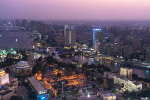 Egypt, Cairo, Aerial View Of Cityscape And Nile River At Dusk