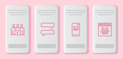 Poster - Set line Online class, Speech bubble chat, Mobile phone and Browser window. White rectangle button. Vector