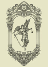 The Goddess Of Themis Or Lady Of Justice In The Romantic Frame With Engraving Style