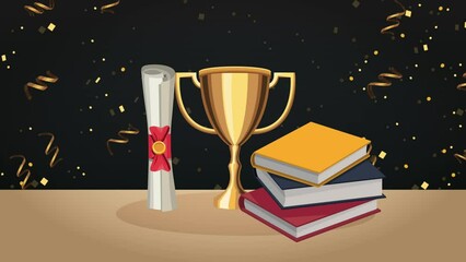 Sticker - graduation celebration animation with trophy and diploma