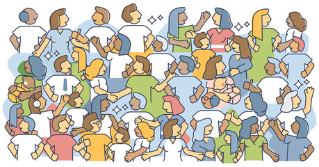 Population crowd and large various social community audiences outline concept. Demography group with multicultural, multiracial and multinational people vector illustration. Different public persons.