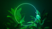 Cyber Background Design. Tropical Plants With Green And Blue, Circle Shaped Neon Frame.