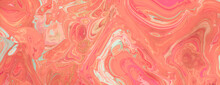 Luxurious Acrylic Pour Banner. Liquid Swirls In Beautiful Pink And Coral Colors, With Gold Glitter.