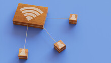 Wireless Technology Concept With Wifi Symbol On A Wooden Block. User Network Connections Are Represented With White String. Blue Background. 3D Render.