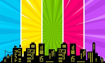 Wall Mural - Comic cartoon background with city silhouette