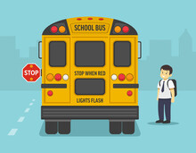 Going To School On Yellow School Bus. Back View Of A Yellow Bus On The City Road. School Kid Is Going To Get Into The Bus. Flat Vector Illustration Template.