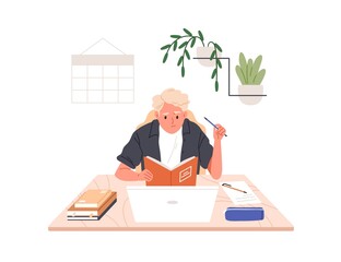 Poster - Child studying at home, doing difficult homework. Kid learning with book and laptop at desk, thinking. Worried school student failing with task. Flat vector illustration isolated on white background