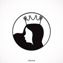 Fairy Tale Medieval Queen Or Princess Profile Head Silhouette - Beautiful Royal Female Black Vector Side View Portrait. Flat Black Vector Illustration In Circle Isolated On White Background.