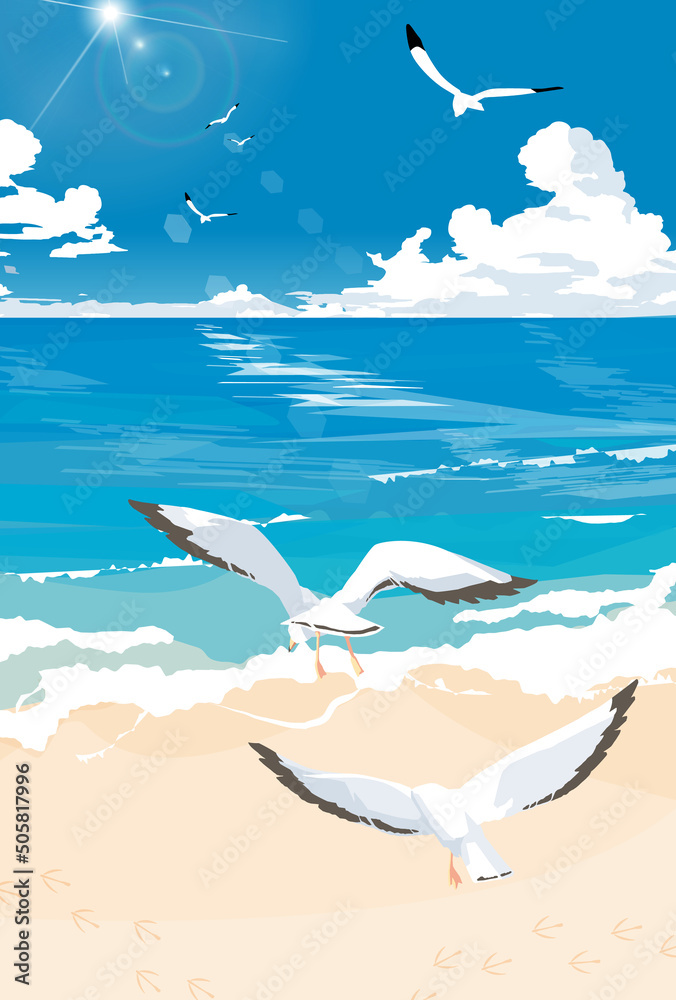 海辺を飛び立つ海鳥の群れ の Stock イラスト | Adobe Stock