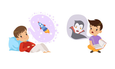 Sticker - Cute Little Boy Reading Fairy Tale or Fantasy Book Imagining Rocket and Vampire Vector Set