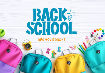 Back to school vector background design. Back to school text with colorful backpack bag and art study elements for educational learning decoration. Vector illustration.
