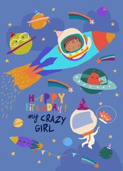 Cute Little Girl Astronaut celebrating Birthday in Space