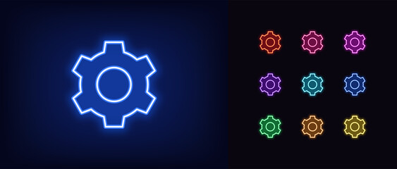 Wall Mural - Outline neon gear icon. Glowing neon gearwheel silhouette, cogwheel pictogram. Setting process