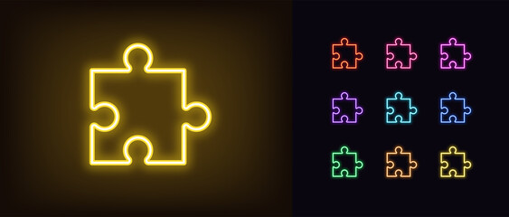 Sticker - Outline neon puzzle part icon. Glowing neon jigsaw puzzle piece, app addition pictogram. Business solution