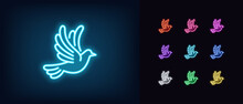 Outline Neon Dove Icon. Glowing Neon Flying Dove Silhouette, Pigeon Pictogram. Peace Bird