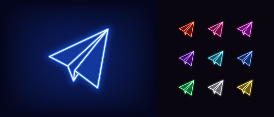 Poster - Outline neon paper plane icon. Glowing neon airplane silhouette, message sending pictogram. Letter mailing