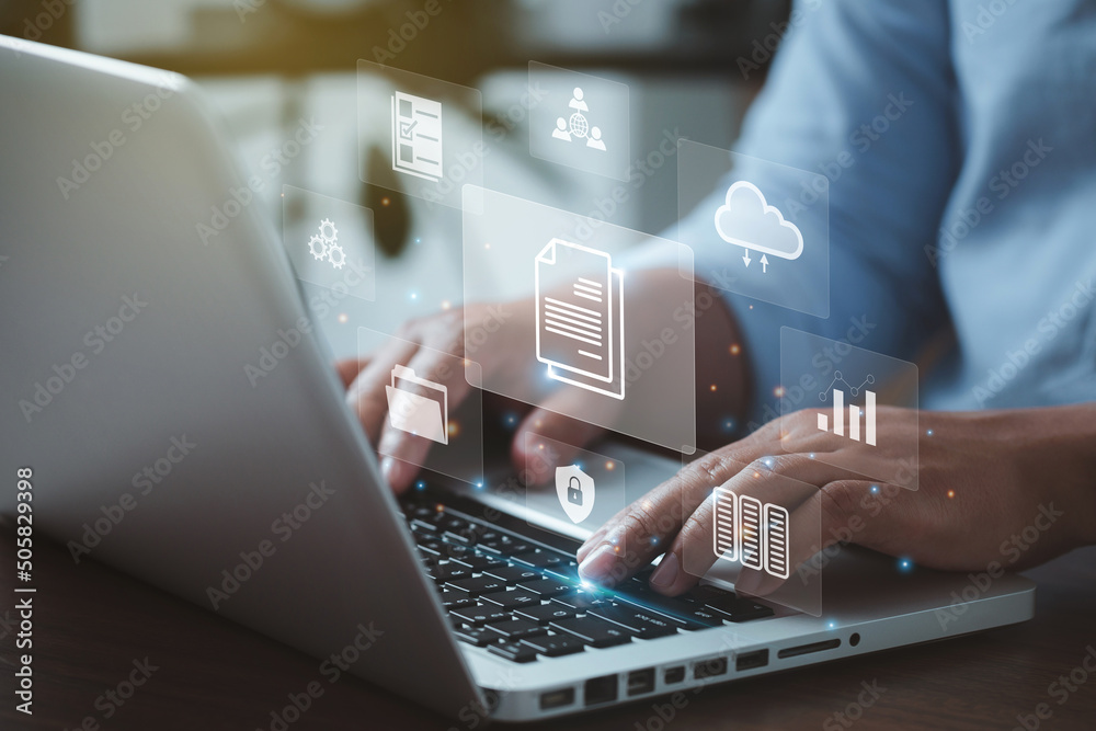 document management concept with icons on virtual screen ...