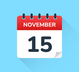 Poster - November 15 - Day 15 of November month, calendar icon on blue background.