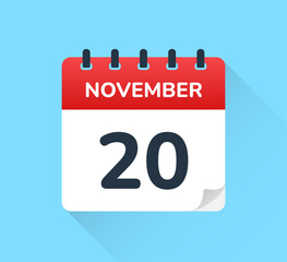 Poster - November 20 - Day 20 of November month, calendar icon on blue background.