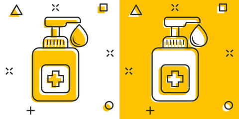 Hand sanitizer icon in comic style. Antiseptic bottle cartoon vector illustration on isolated background. Disinfect gel splash effect sign business concept.