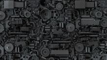 Dark Industrial Wallpaper, Mechanical Texture. Black Transport  Background With Car Parts, Gear Wheels, Pipes, Heap Of Auto Parts, Wheels. 3d Render Vehicle Parts Pattern.