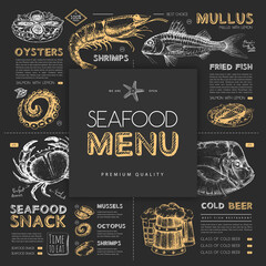 Wall Mural - Chalk drawing seafood restaurant menu design with hand drawing fish. Vector illustration