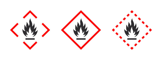 Flammable materials warning sign. Pictogram for flammable substances. Flammable substances icons set. Vector icons