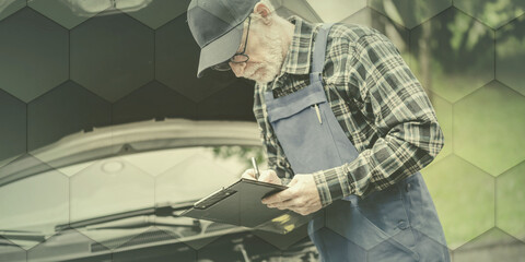 Car mechanic checking a car engine, geometric pattern