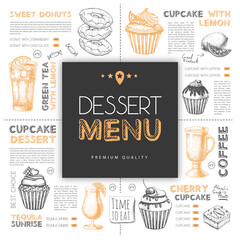 Wall Mural - Dessert restaurant menu design with hand drawing cupcakes. Vector illustration