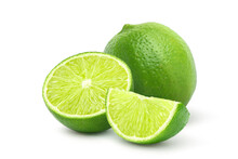 Fresh Lime With  Cut In Half And Sliced Isolated On White Background.