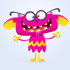 Funny cartoon smiling monster creature. Halloween Illustration of happy alien character. Vector isolated