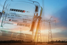 Double Exposure Of Electricity Meter And High Voltage Towers With Transmission Power Lines