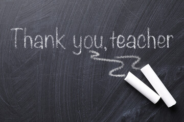 Canvas Print - Pieces of chalk and phrase Thank you, teacher written on blackboard, flat lay