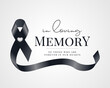 In loving memory, of those who are forever in our hearts text and black ribbon with heart button are roll waving below vector design