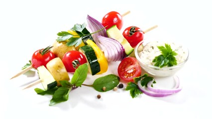 Poster - barbecue vegetable skewer and sauce isolated on white background