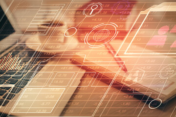 Aufkleber - Double exposure of technology theme drawing and desktop with coffee and items on table background. Concept of data research.