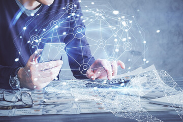Poster - Double exposure of man's hands holding and using a phone and social network theme drawing.